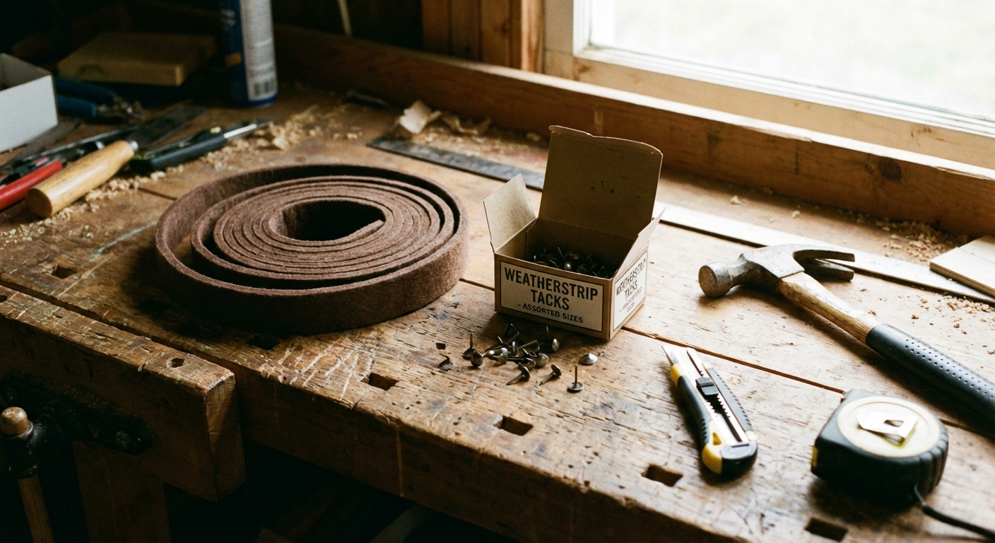 A roll of brown felt weatherstripping and a small box of tacks on a wooden workbench, realistic DIY home photo