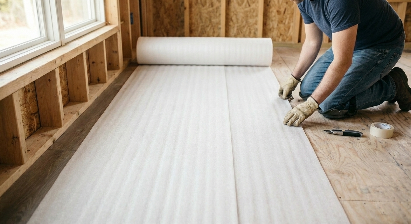 A roll of foam underlayment being unrolled across a clean subfloor with seams aligned neatly, realistic home renovation photo