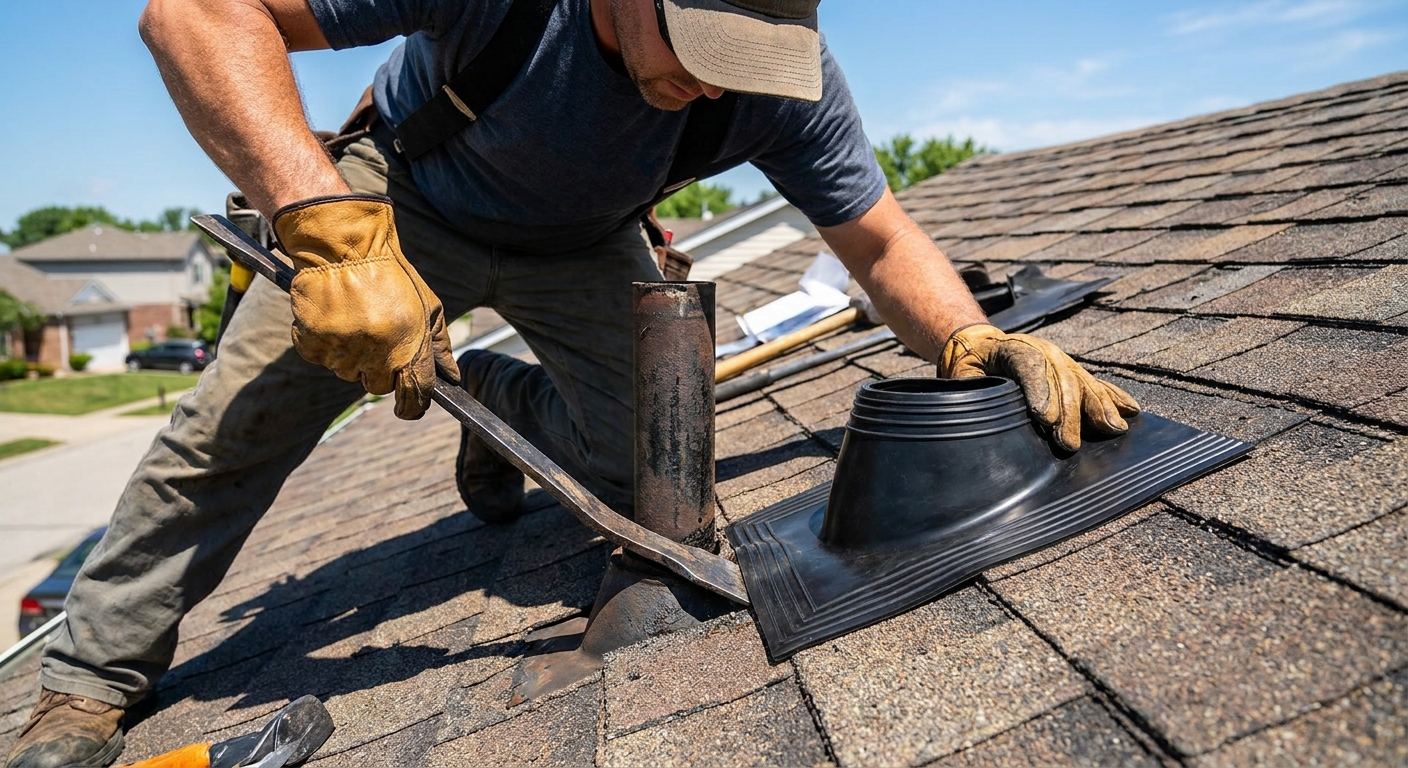 A roofer wearing gloves lifting asphalt shingles around a plumbing vent pipe while positioning a new rubber roof boot flashing on a sunny day
