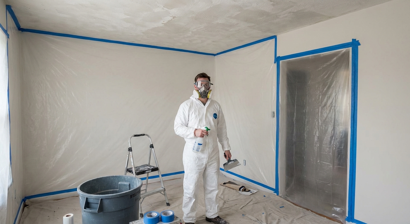 A room prepped for popcorn ceiling removal with plastic sheeting taped along baseboards and plastic covering a doorway opening