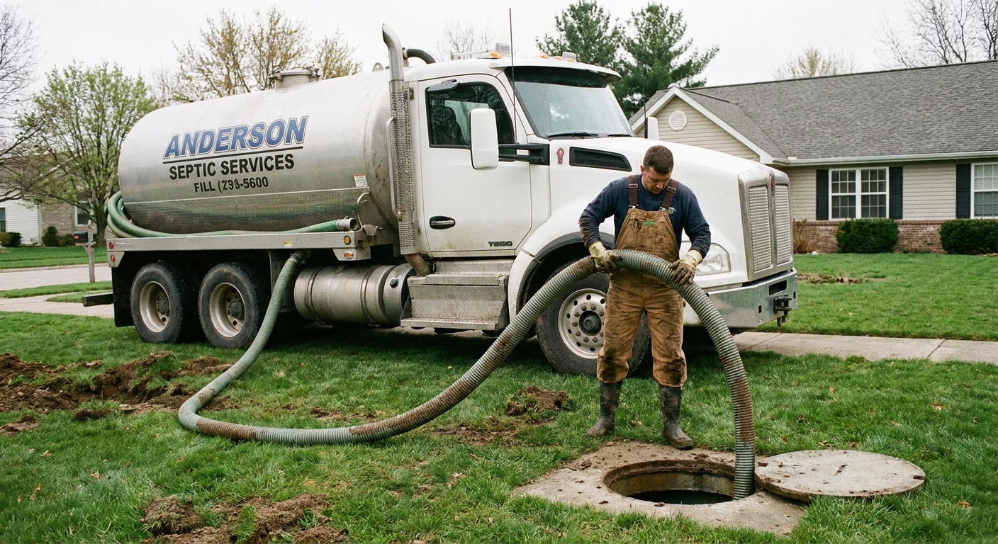 A septic service truck parked in a residential yard with a technician pulling a large vacuum hose toward a septic tank access lid, real photo