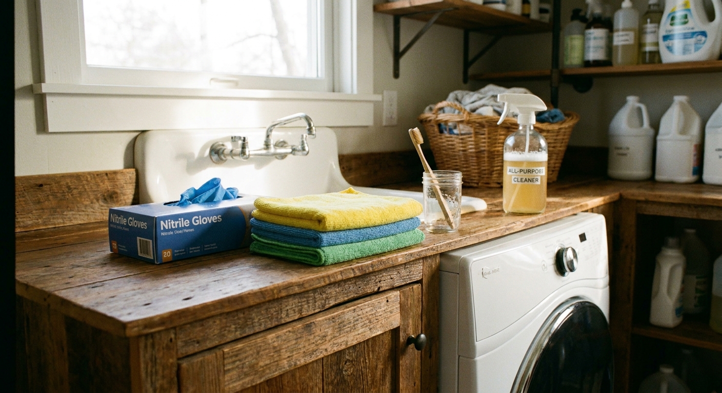 A set of cleaning supplies on a laundry room counter next to a front-load washer, including nitrile gloves, microfiber cloths, a toothbrush, and a spray bottle