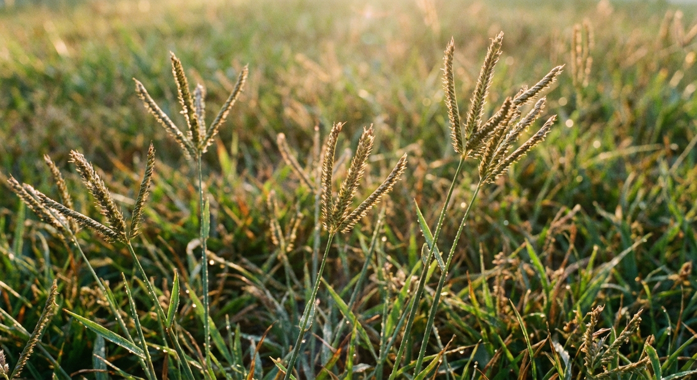 A sharp, close-up photo of crabgrass seed heads rising above the lawn, with multiple finger-like spikes on each stem, shot outdoors in late summer light