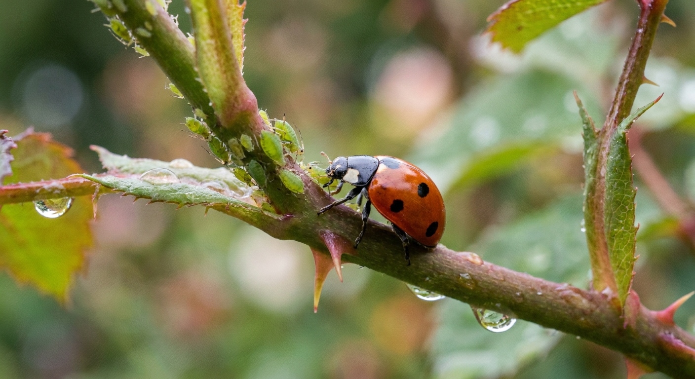 A sharp close-up photograph of a ladybug eating aphids on a rose stem outdoors with natural daylight and shallow depth of field