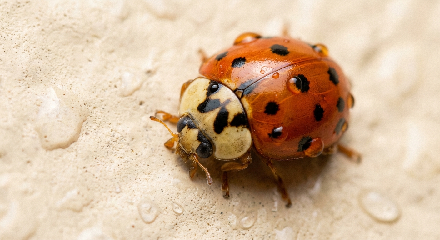 A sharp macro photograph of a single Asian lady beetle on a light-colored surface, showing the pale pronotum behind the head with a distinct black M-shaped marking