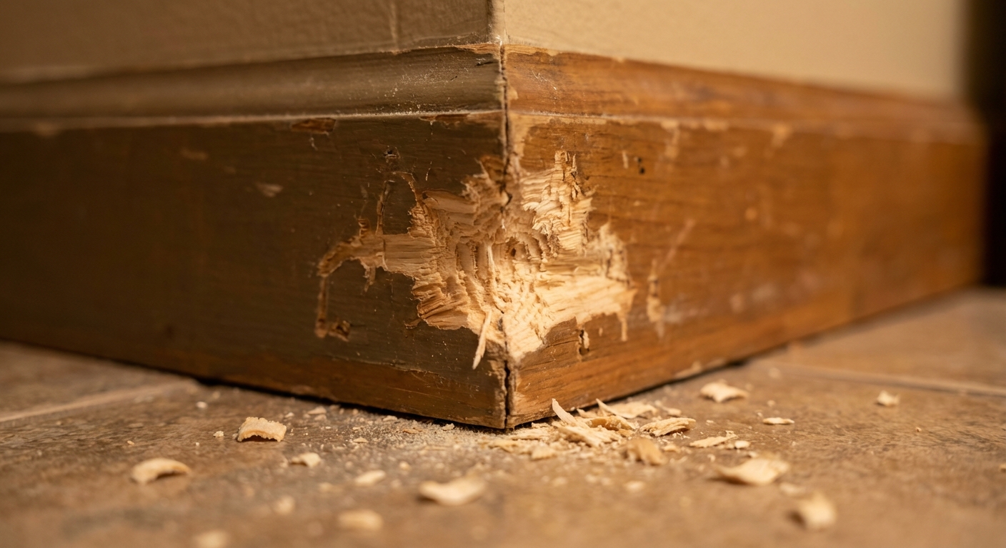 A sharp, photorealistic close-up of gnaw marks on the corner of a wooden pantry baseboard, with fresh light-colored wood exposed and small wood shavings on the floor, indoor home lighting