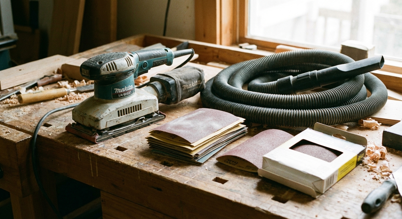 A sheet sander resting on a workbench next to stacks of sandpaper sheets and a shop vacuum hose