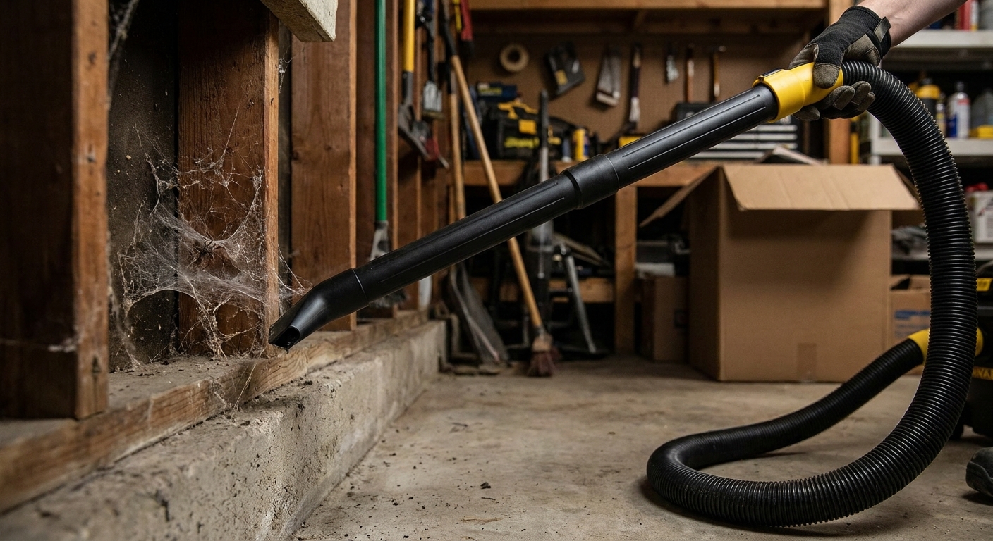 A shop vacuum hose being used to vacuum a messy spider web from a garage baseboard corner while keeping distance from the wall