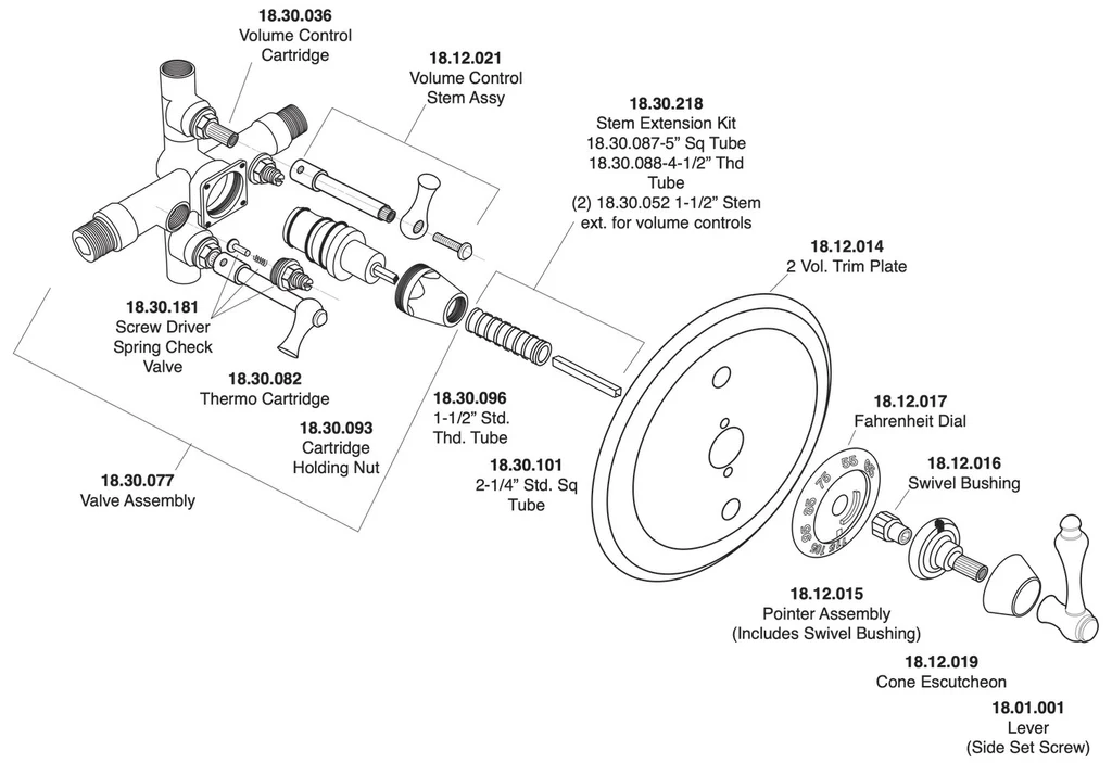 A shower valve with the handle and trim plate removed, showing the valve body and two small shutoff stops inside the wall opening