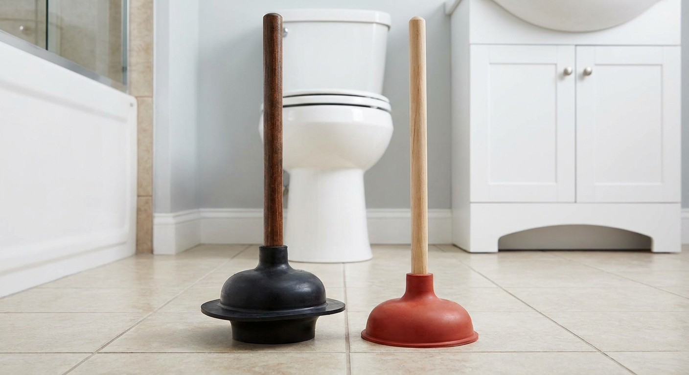 A side-by-side comparison of a flange toilet plunger and a cup sink plunger on a bathroom floor