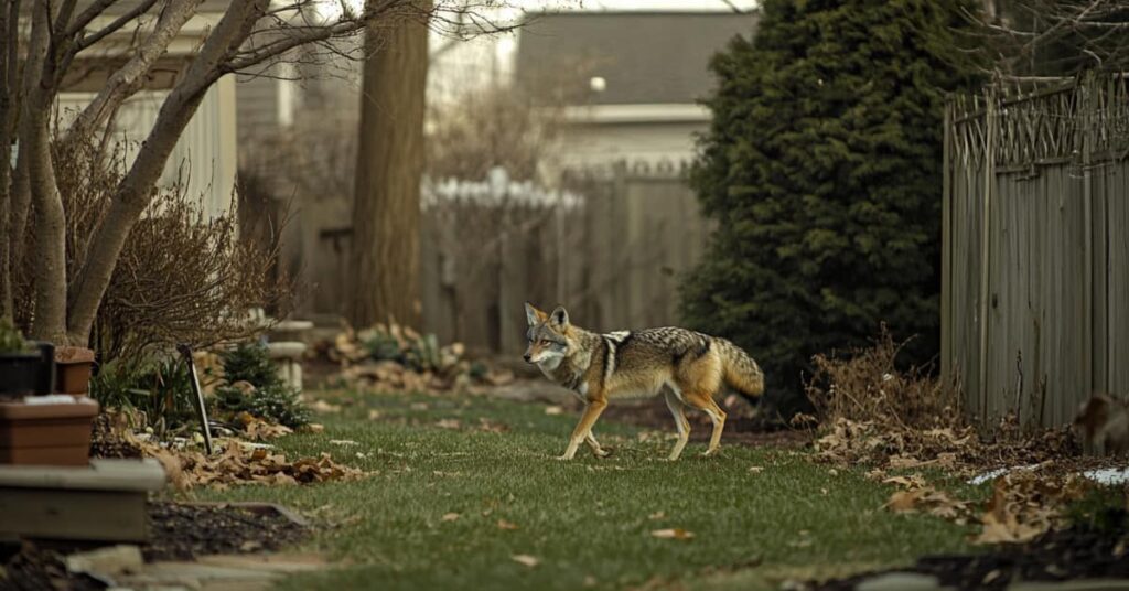 A single adult coyote standing at the edge of a suburban backyard at dusk near a wooden fence and trimmed lawn, realistic wildlife photo