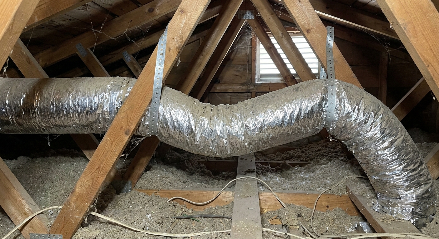 A single insulated ventilation duct run secured to attic framing with metal straps, photographed in a real attic space