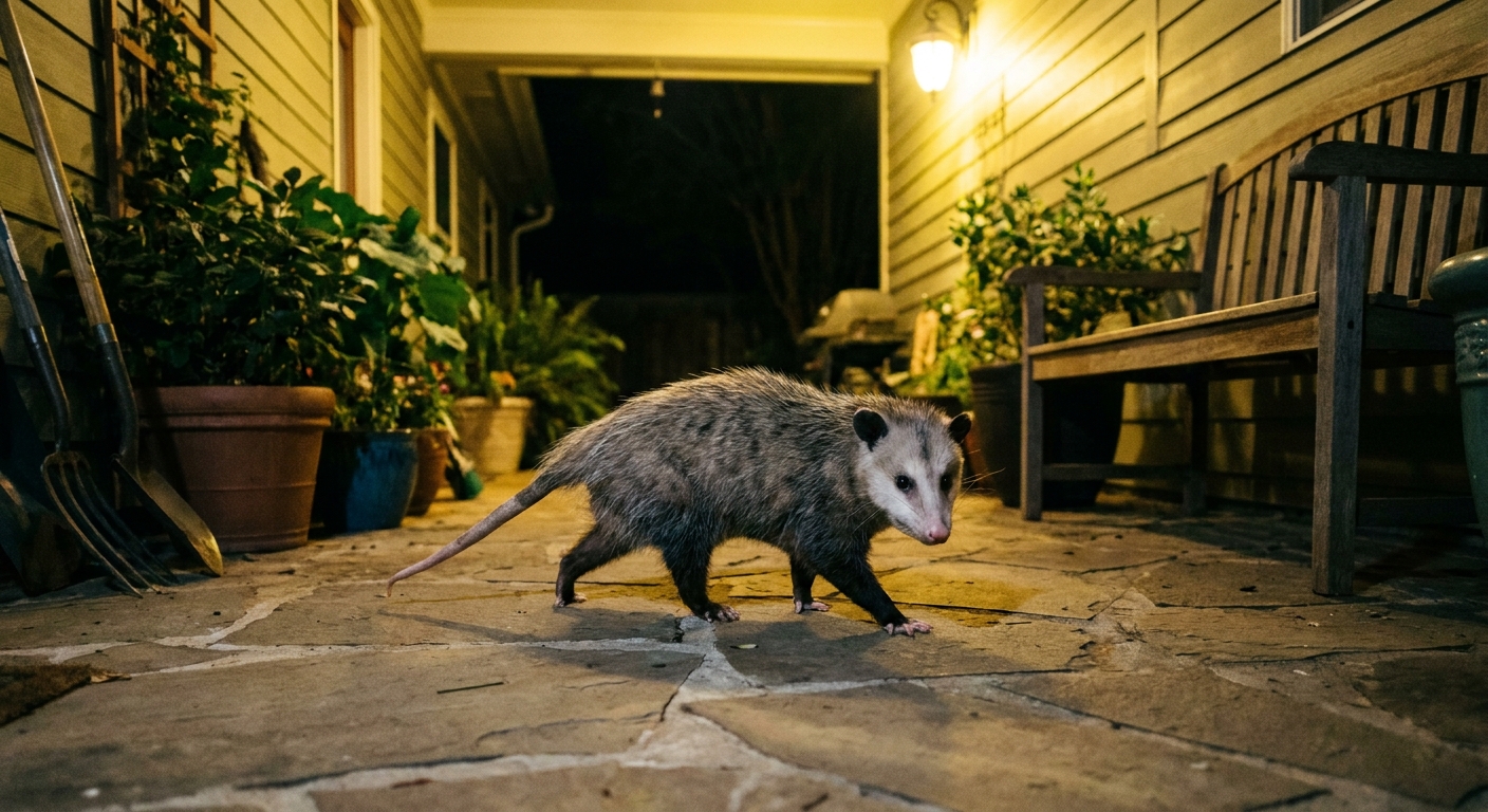 A single opossum walking across a backyard patio at night under a porch light, realistic wildlife photography