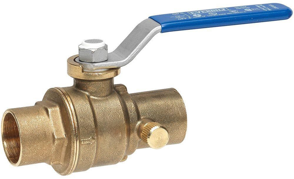 A single photo of a modern quarter-turn brass ball valve on a home water main with a straight lever handle
