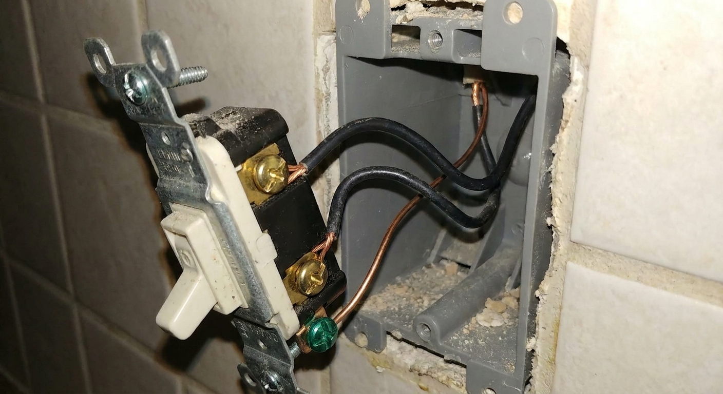 A single pole wall switch pulled from a kitchen wall box showing black hot wires attached to screw terminals