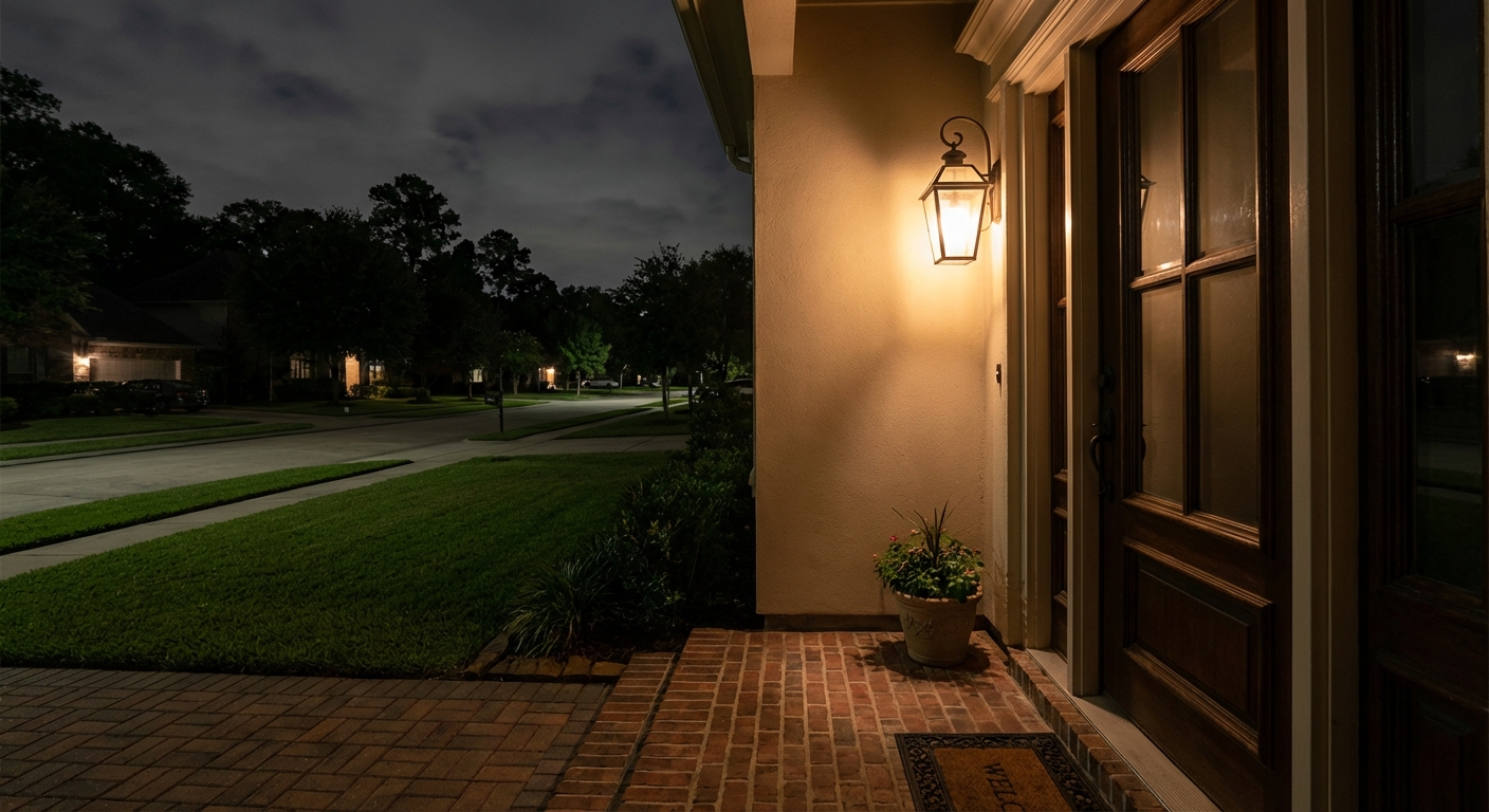 A single porch light turned on at night above a front door with a quiet suburban entryway, photorealistic