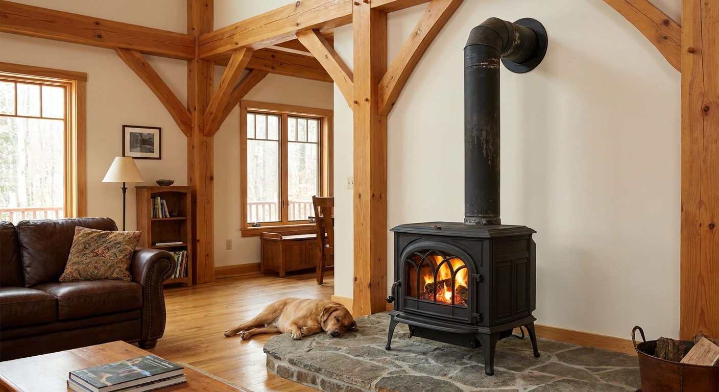 A single-wall black stove pipe with an elbow connected above a freestanding wood stove, indoor home setting