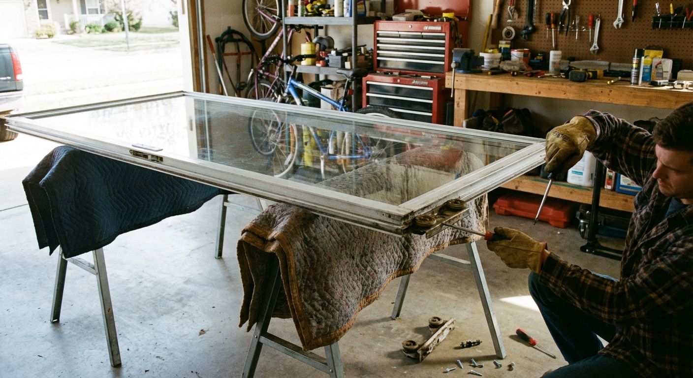 A sliding glass door panel laid flat on padded sawhorses in a garage, with a person removing the bottom roller assembly using a screwdriver, natural workshop lighting
