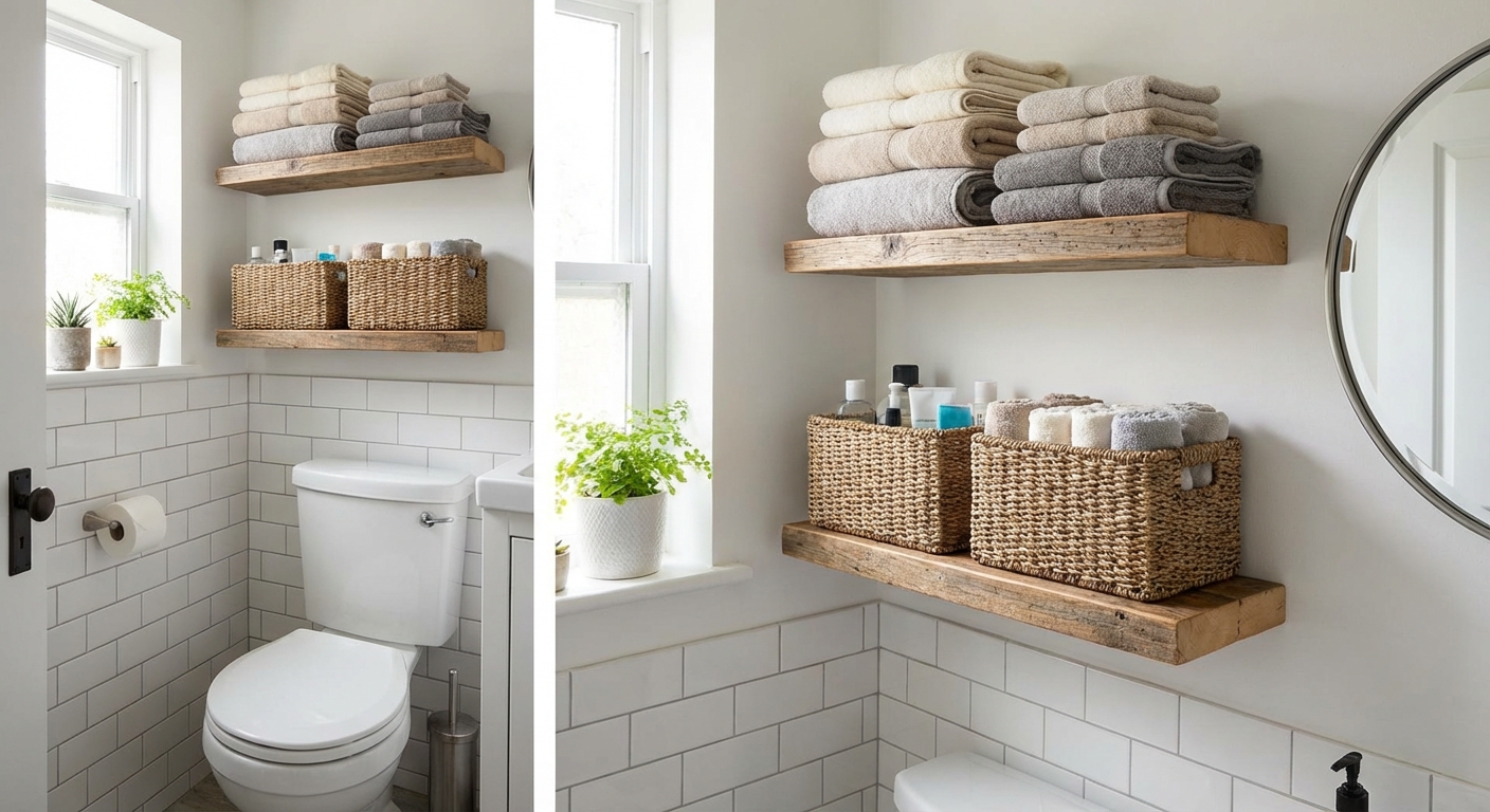 A small bathroom with two simple floating shelves above the toilet holding neatly folded towels and baskets