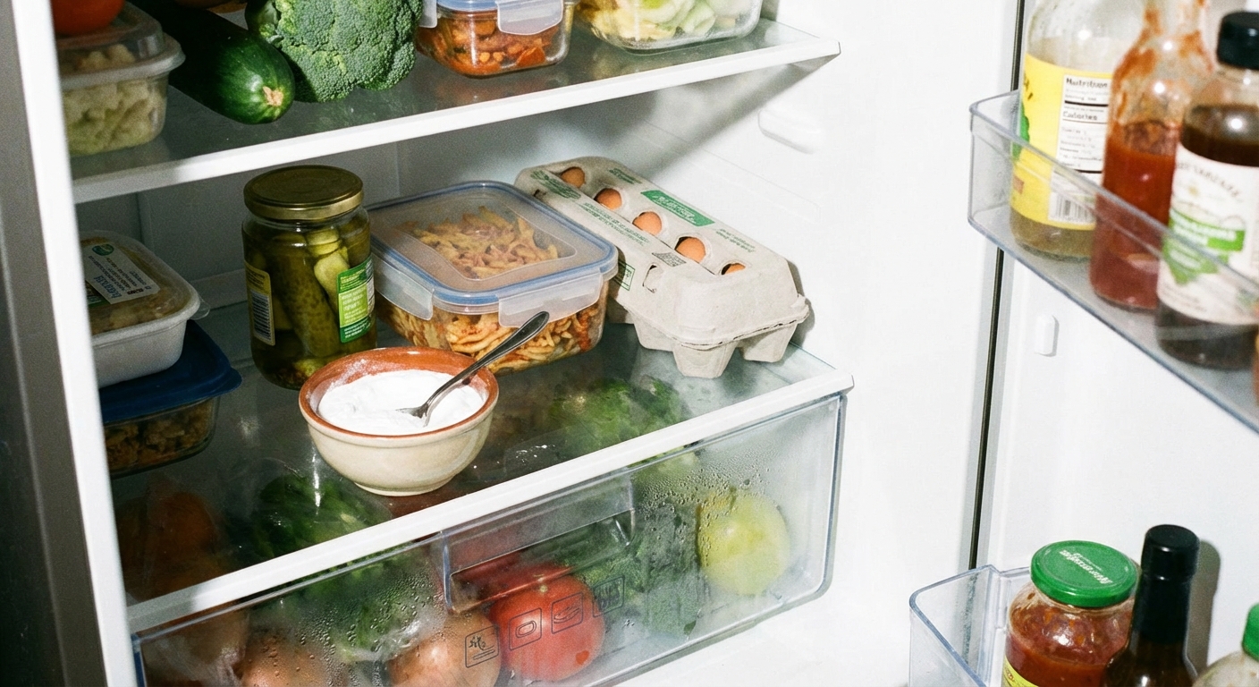 A small bowl of baking soda placed on a refrigerator shelf with a few simple food containers nearby