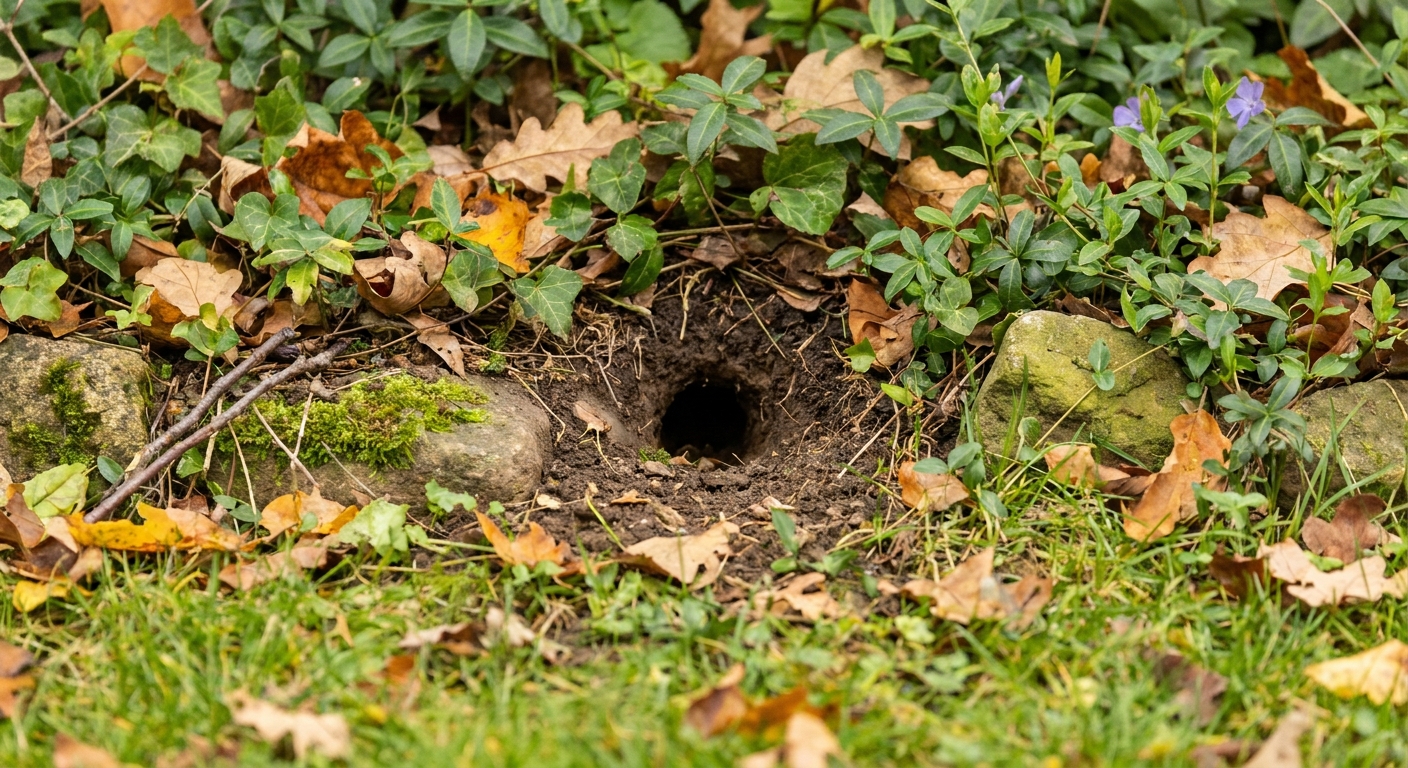A small chipmunk burrow opening at the edge of a lawn with no visible dirt pile, tucked near leaves and groundcover