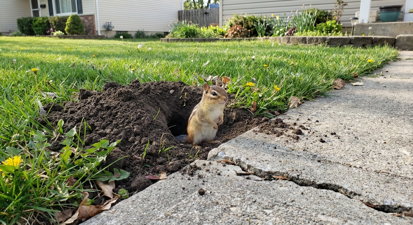 A small chipmunk standing at the entrance of a fresh burrow in a suburban lawn near a concrete patio edge, natural daylight, realistic photo