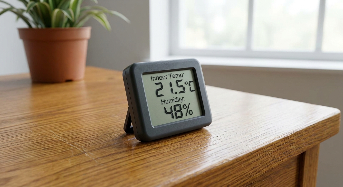 A small digital hygrometer on a table showing indoor temperature and relative humidity readings