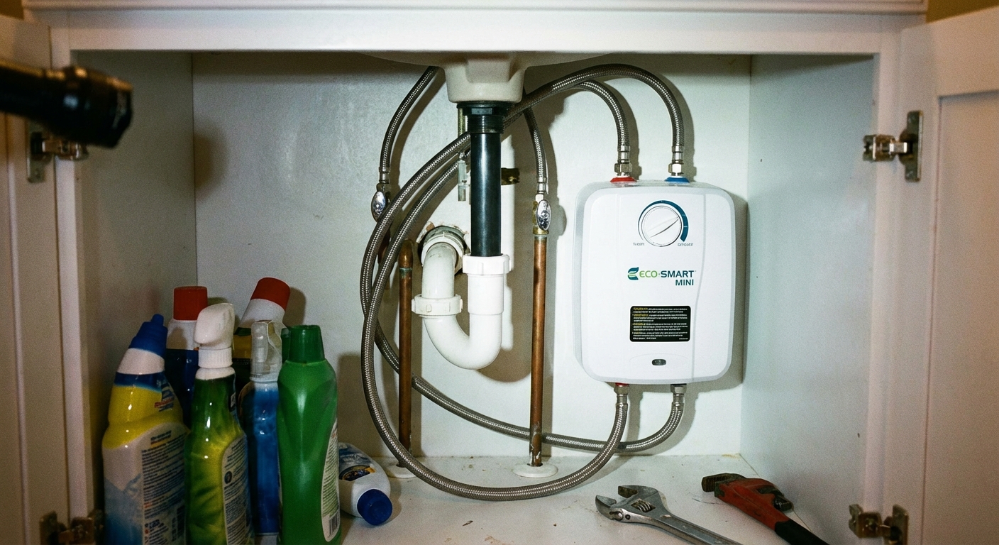 A small electric under-sink water heater mounted inside a bathroom vanity cabinet with flexible water supply lines connected, realistic home plumbing photo