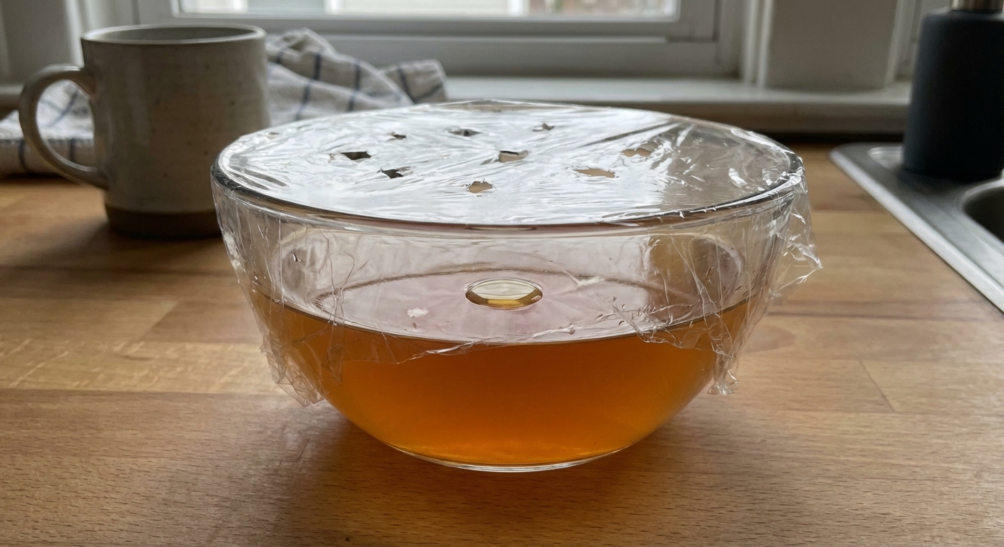 A small glass bowl on a kitchen counter filled with apple cider vinegar and a drop of dish soap, covered loosely with plastic wrap with a few small puncture holes, photorealistic indoor lighting