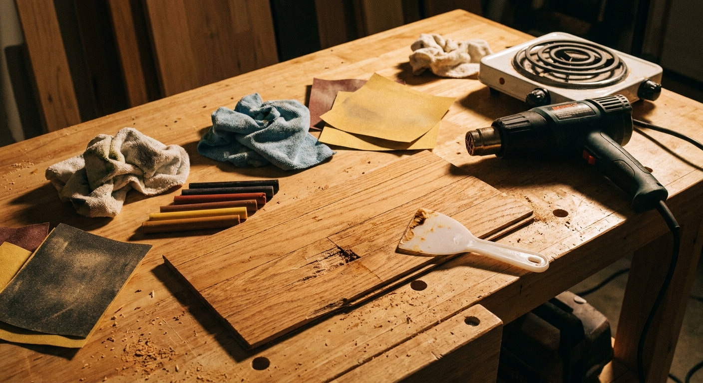 A small hardwood floor repair setup on a workbench with wax fill sticks, a plastic scraper, microfiber cloths, and sandpaper under shop lighting