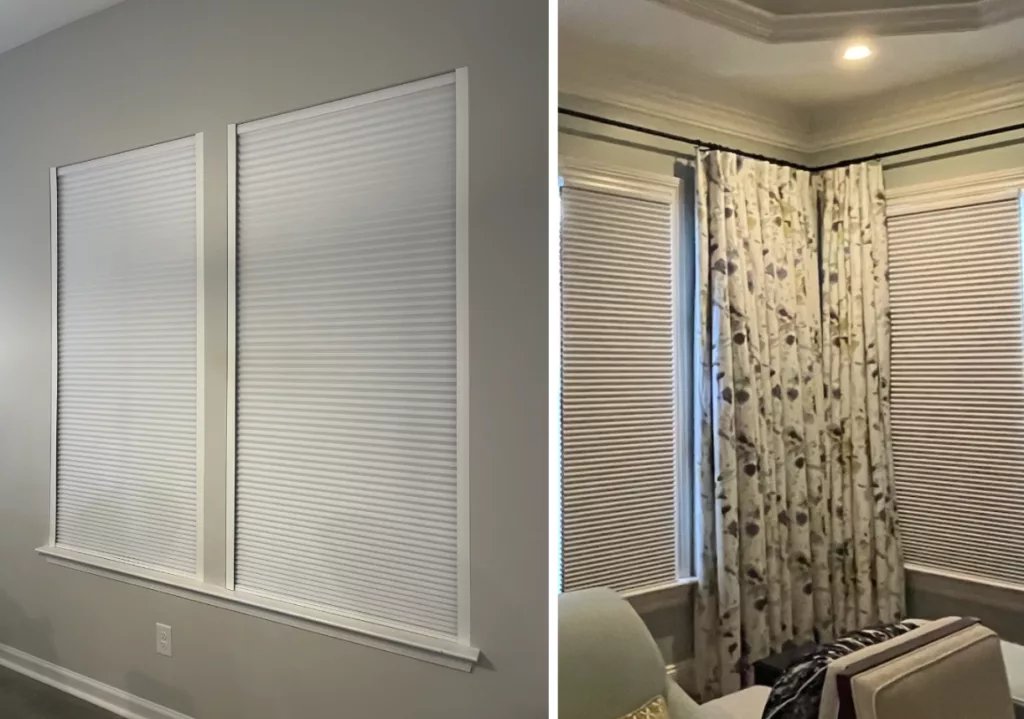 A small light gap along the side of a cellular shade near the window frame