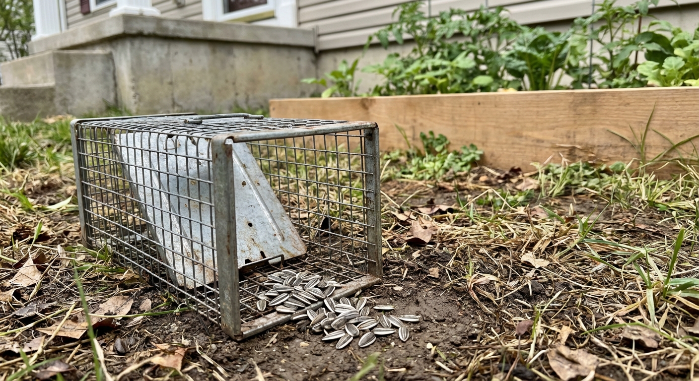 A small metal live animal trap set on soil beside a garden bed, baited with sunflower seeds, with a house foundation in the background, realistic photo