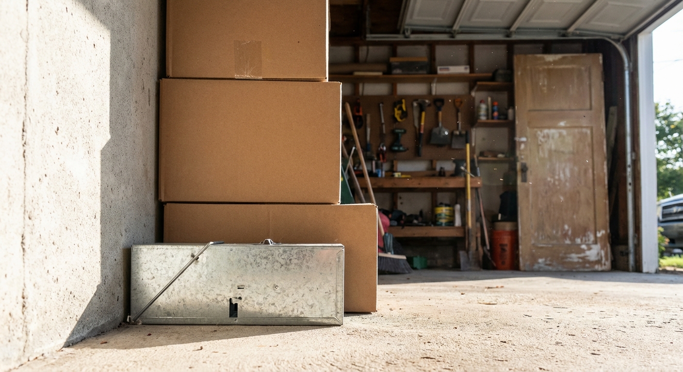 A small metal live mouse trap placed on a garage floor tight to the wall near stored boxes, natural daylight from an open door, photorealistic
