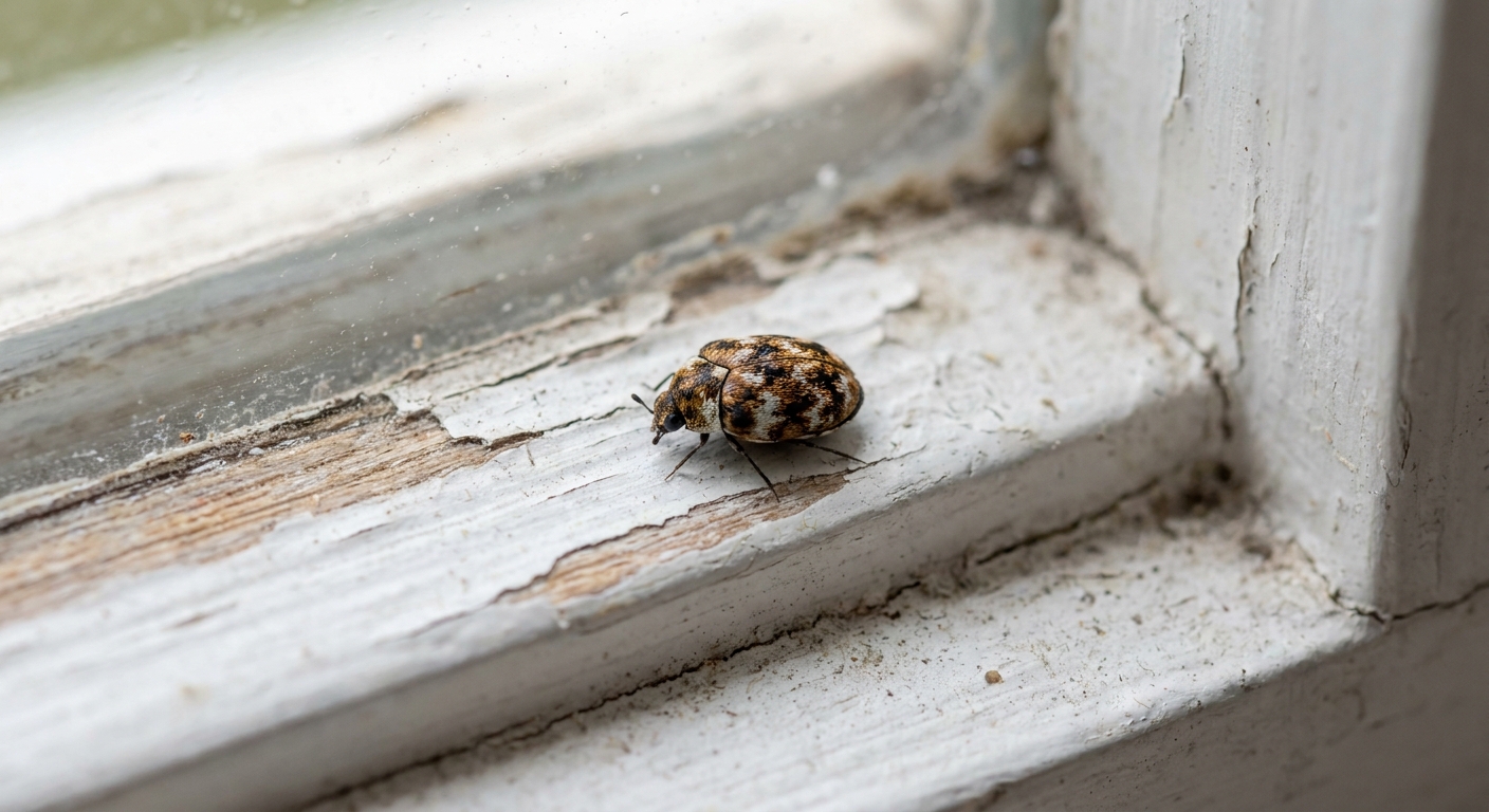 A small mottled adult carpet beetle sitting on a white painted windowsill in daylight, sharp macro photo