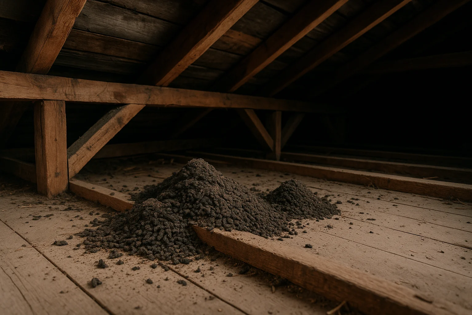 A small pile of bat guano on attic insulation beneath a roof seam, with faint brown staining on nearby wood sheathing, real indoor photo