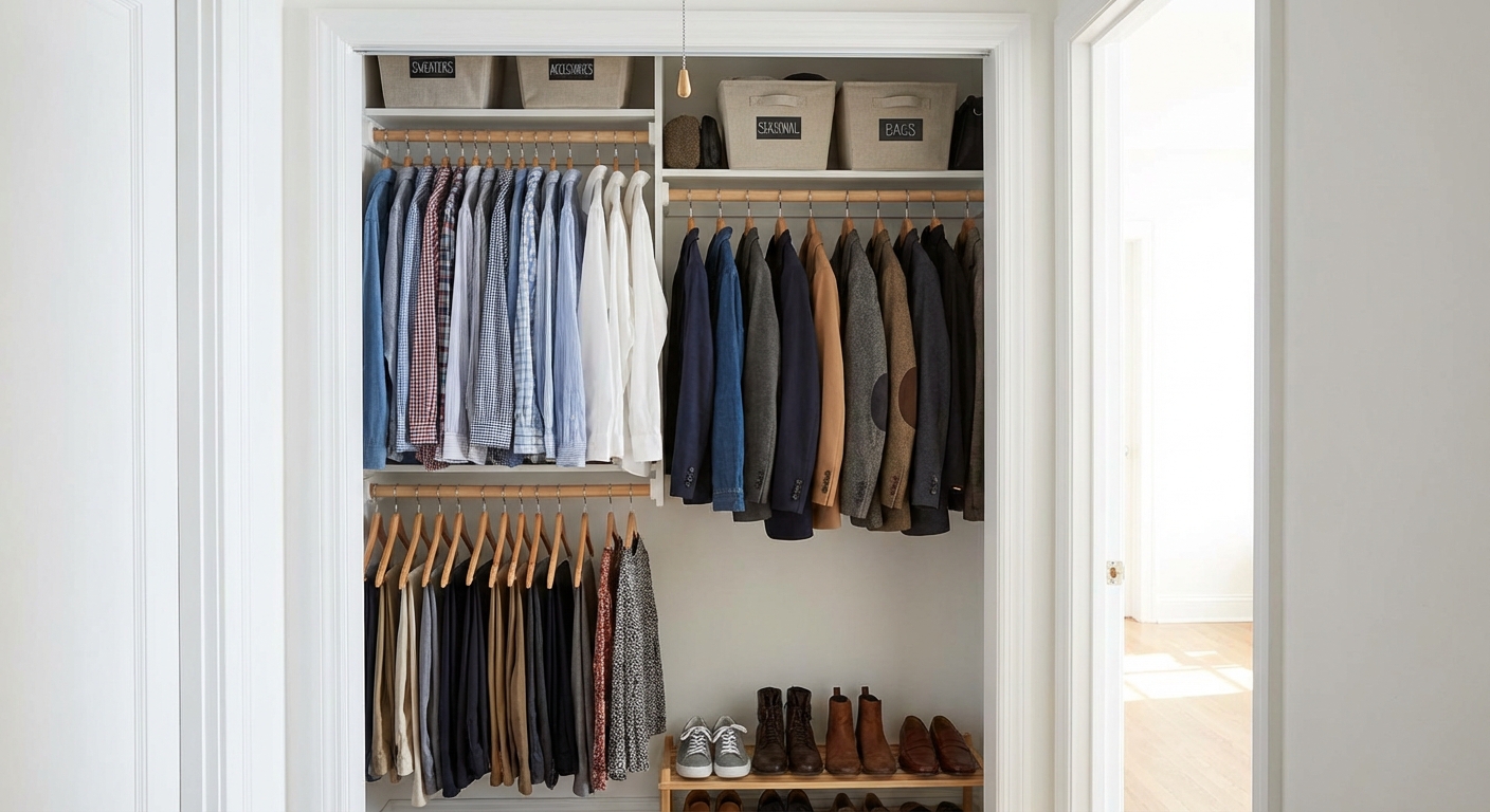 A small reach-in closet with neatly hung clothes, two hanging rods, labeled storage bins on the top shelf, and shoes lined up on the floor