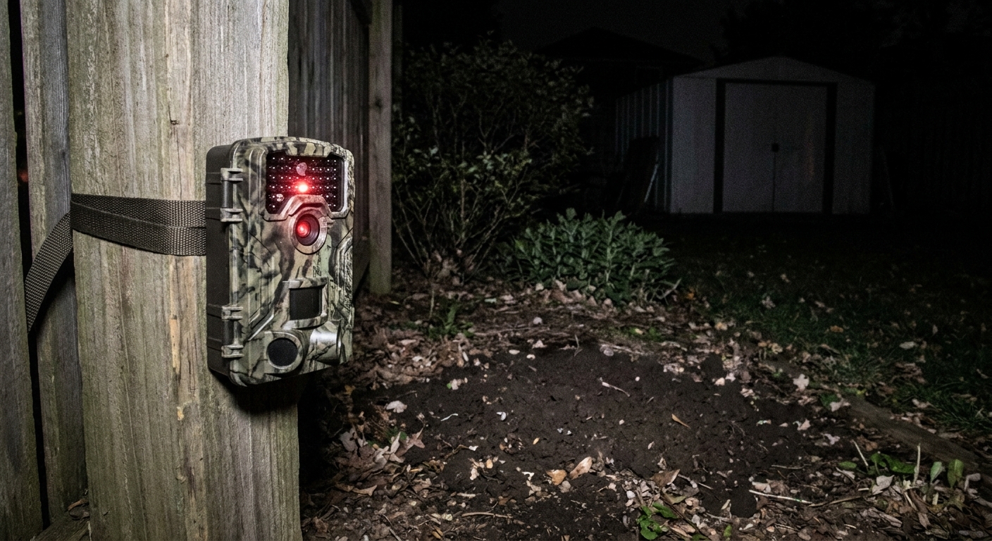 A small trail camera strapped to a wooden fence post at night, pointed toward a backyard area with disturbed soil, realistic photo