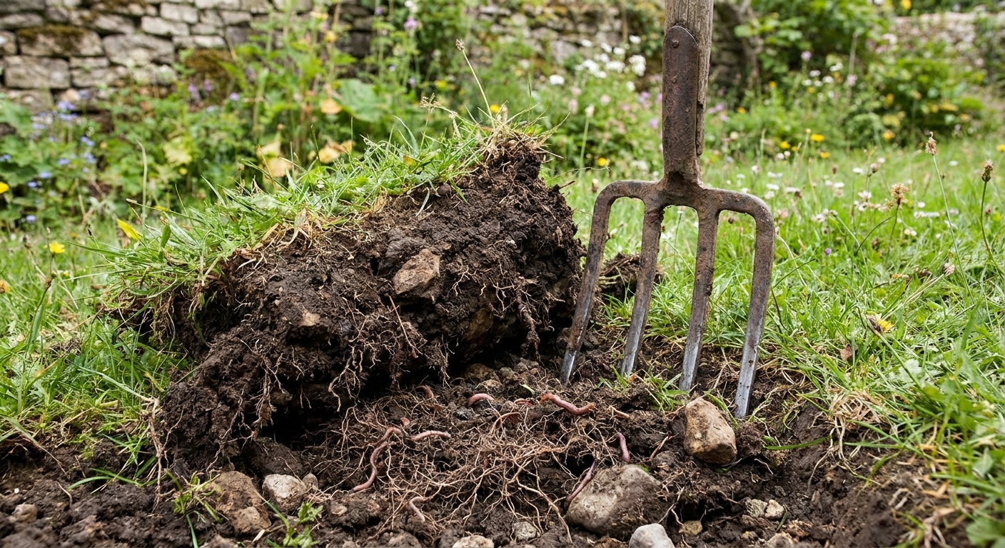 A spading fork stuck into turf at the edge of a grassy patch with soil lifted to reveal roots underneath