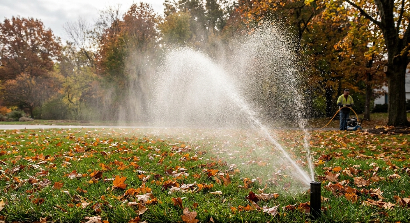 A sprinkler zone running during a blow-out with water changing to a light mist above a green lawn in autumn, real photo