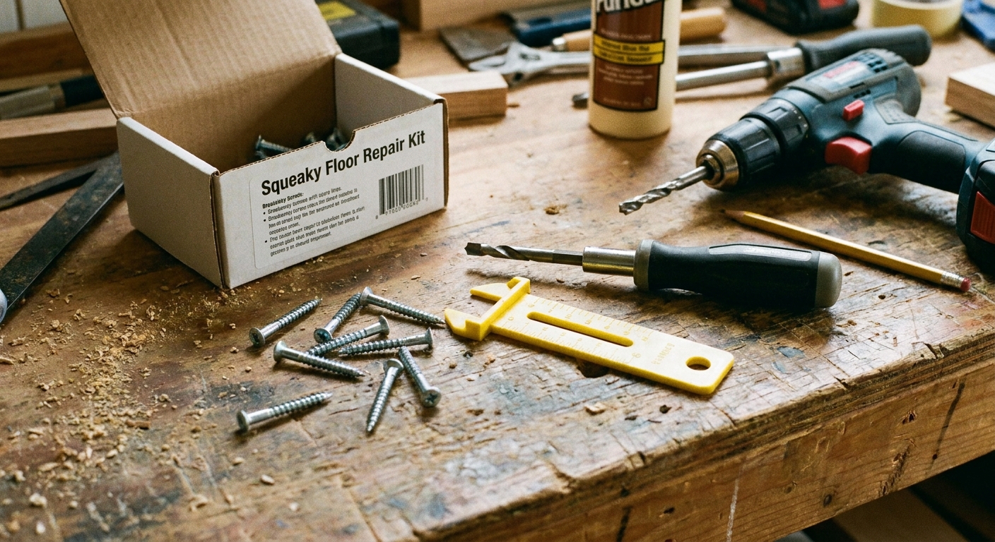 A squeaky floor repair kit laid out on a workbench, showing breakaway screws, a depth-setting guide tool, and a drill bit, realistic workshop photograph