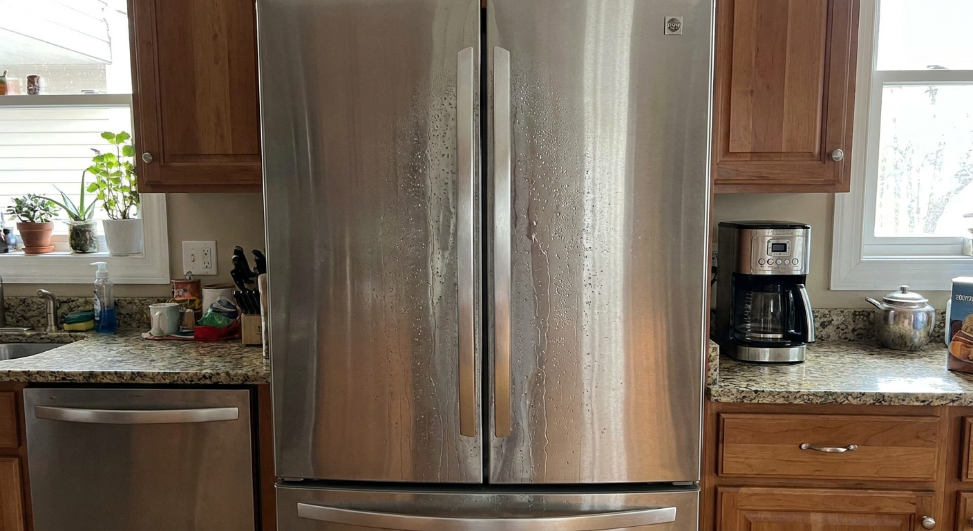 A stainless steel French door refrigerator with visible moisture droplets on the vertical center mullion strip between the doors in a real kitchen