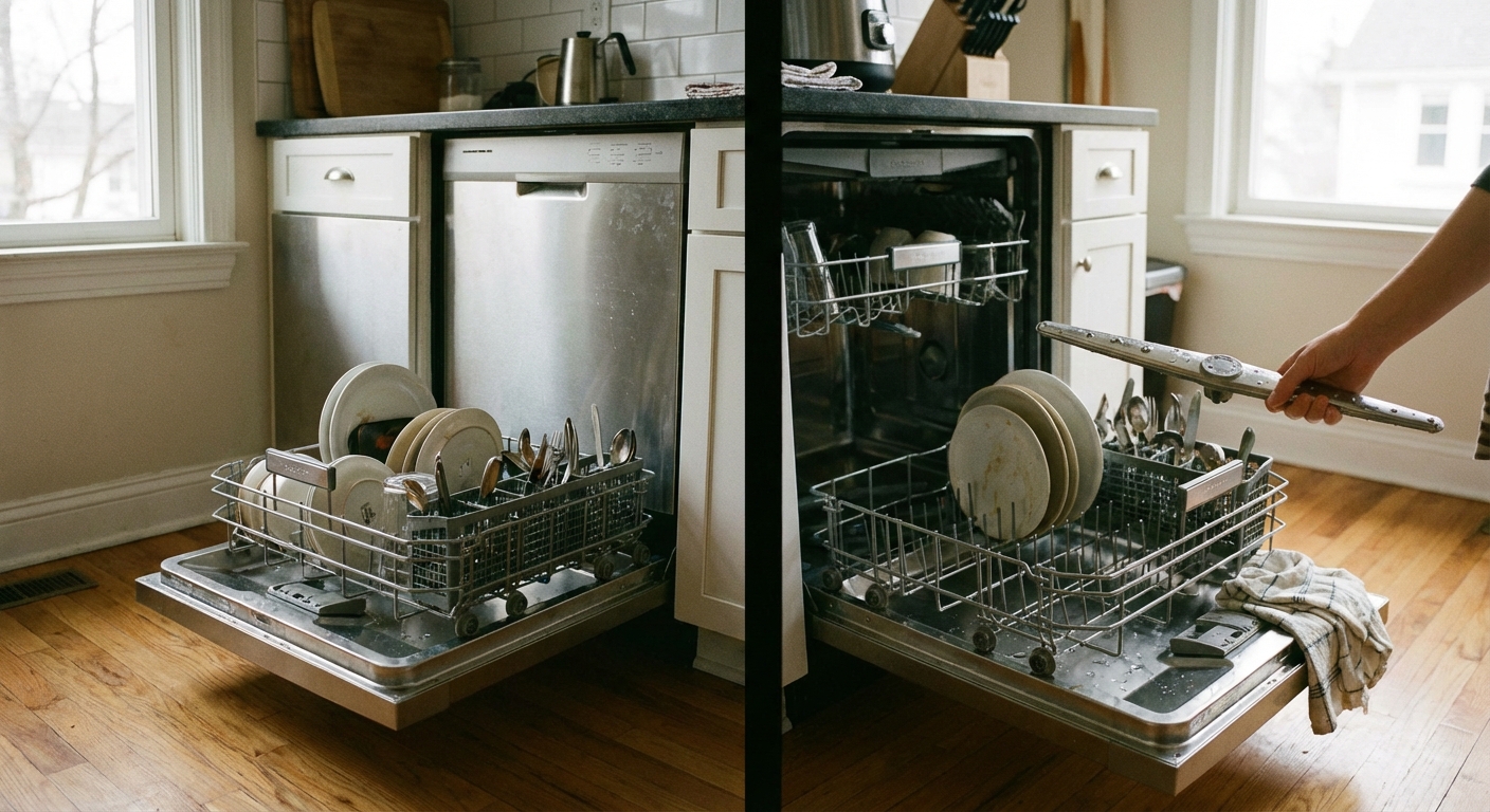 A stainless steel dishwasher with the lower rack pulled out and a hand holding the lower spray arm over a kitchen towel, real photo style