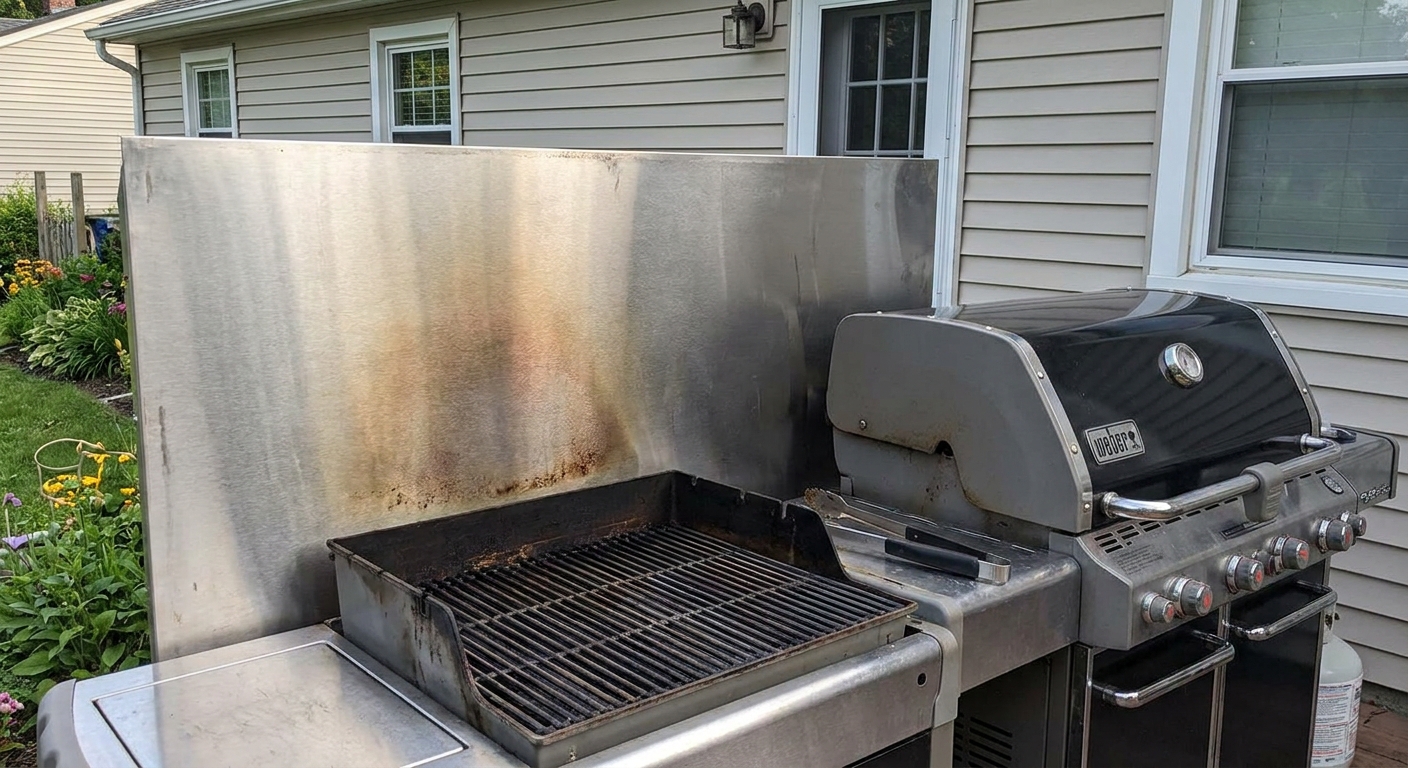 A stainless steel freestanding heat shield placed behind a backyard gas grill, with a house wall in the background, real photo