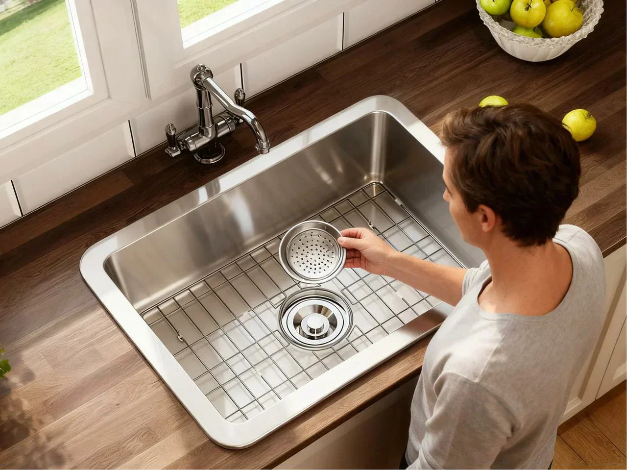 A stainless steel kitchen sink strainer basket sitting in a drain with food scraps collected inside