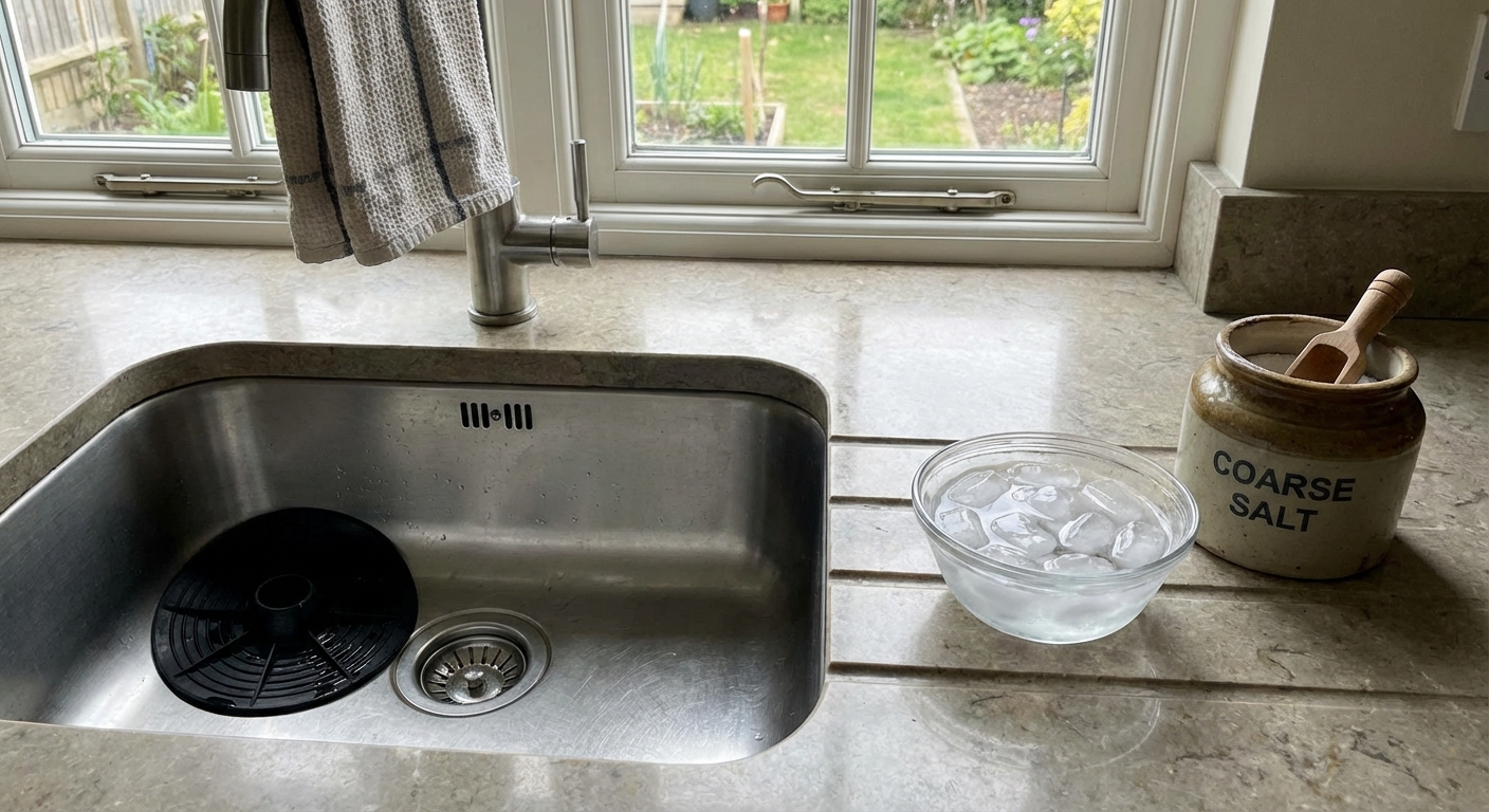 A stainless-steel kitchen sink with a black rubber splash guard in the drain opening, a small bowl of ice cubes, and a container of coarse salt on the counter beside it, natural window light, realistic home photo