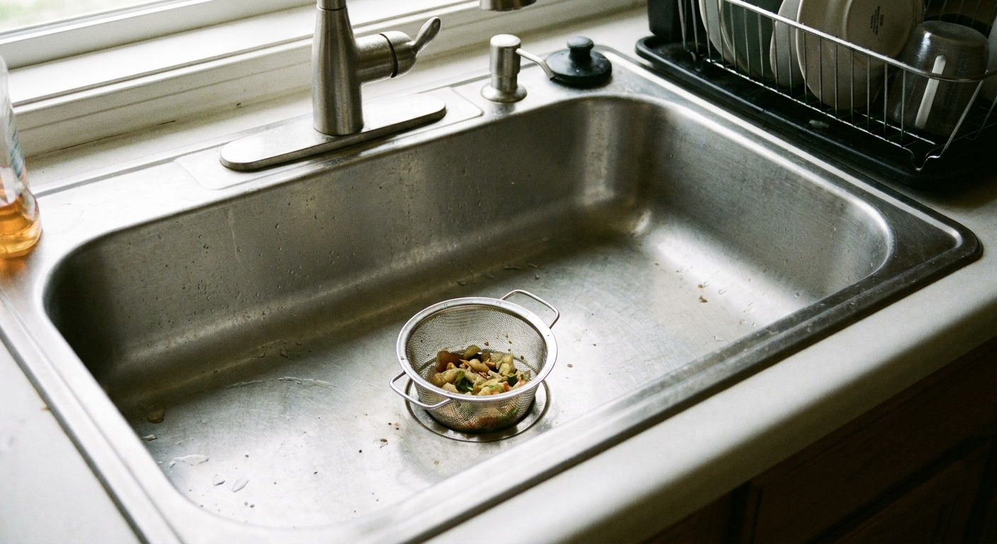 A stainless steel kitchen sink with a mesh strainer basket seated in the drain opening, real home photo