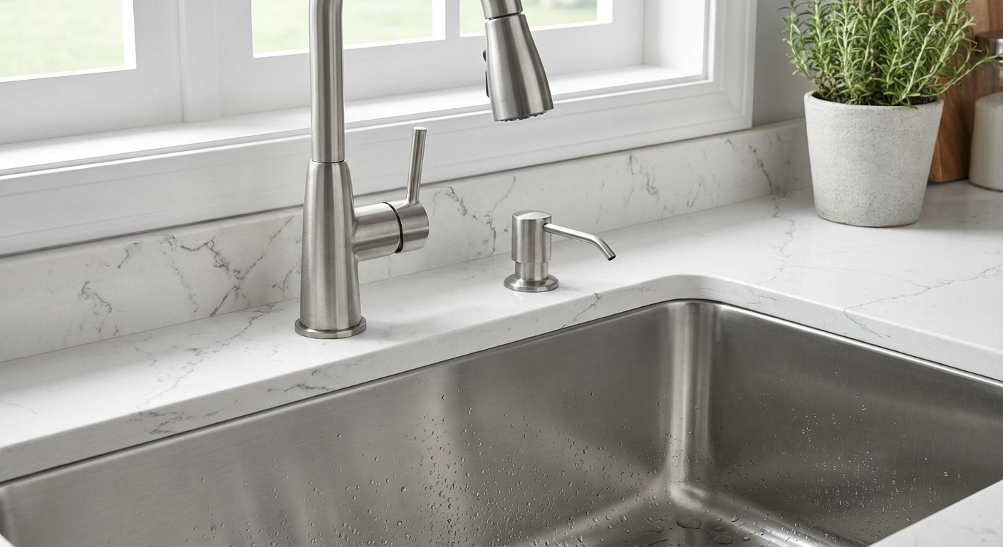 A stainless steel kitchen sink with a new soap dispenser installed next to the faucet