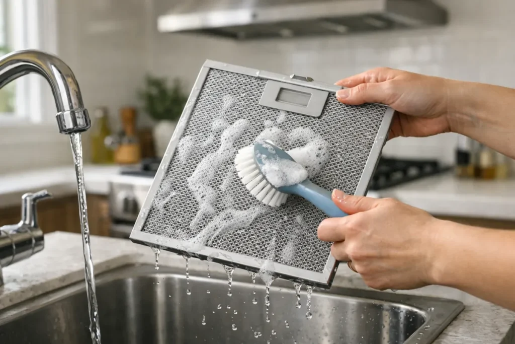 A stainless steel range hood baffle filter soaking in a kitchen sink filled with hot soapy water, real photo