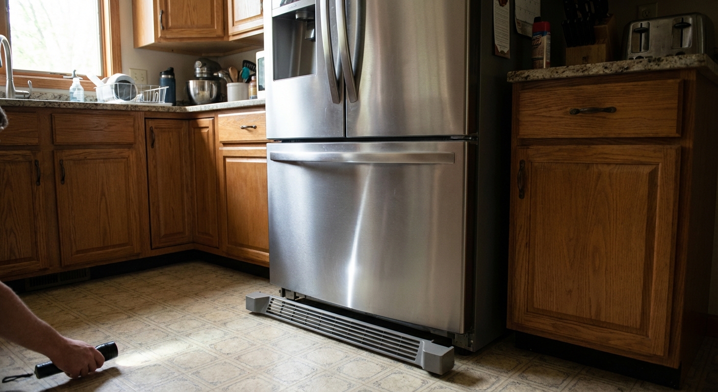 A stainless steel refrigerator in a home kitchen with the lower grille slightly open as if someone is about to inspect underneath, natural indoor lighting, photorealistic