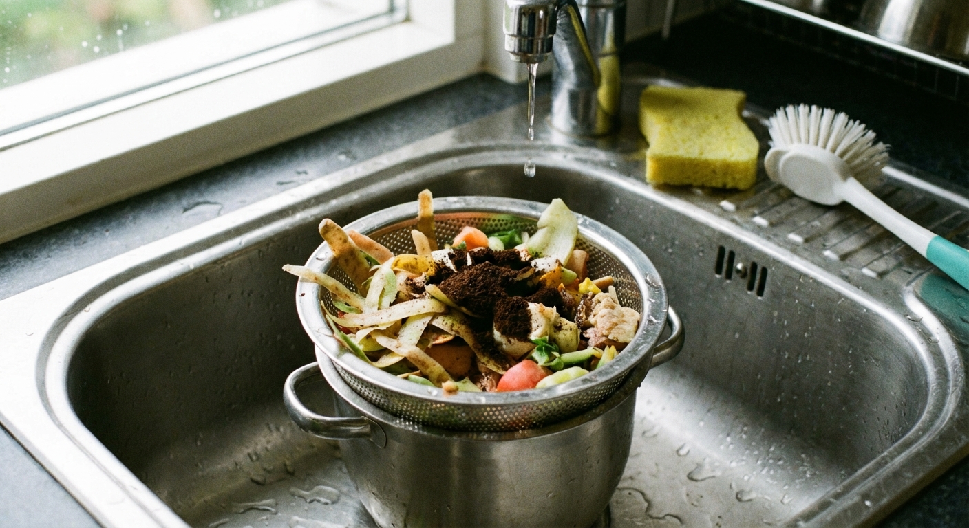 A stainless steel sink strainer catching food scraps in a kitchen sink